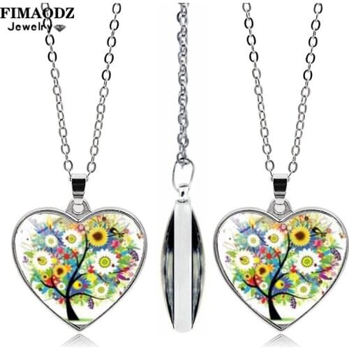FIMAODZ Vintage Tree of Life Necklace for Women Lady Life Tree Art Plant Photo Glass Crystal Heart Pendant Silver Chain Jewelry