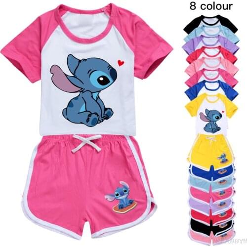 Disney Stitch Short Sleeveless T Shirts Suits Boys Girls Summer Toddler Clothes Set Cartoon Vest Children Baby Clothing