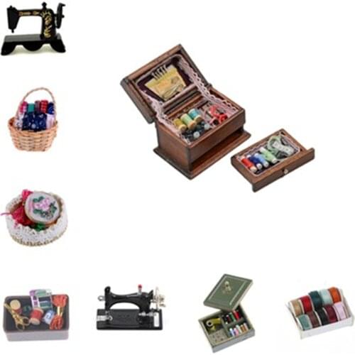 KittenBaby 1:12 Miniature Vintage Sewing Box with Needle Scissors Kit Dollhouse Decoration Accessories Furniture Toy