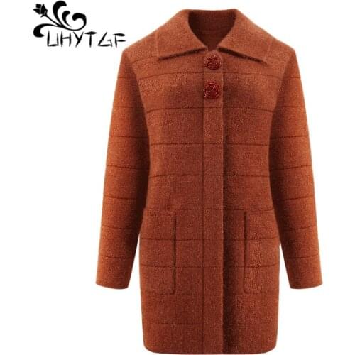 UHYTGF Luxury Mohair Spring Autumn Sweaters Jacket Pure Color Wild Casual Warm Knitted Cardigan Women Sweater Coat Plus Size 744