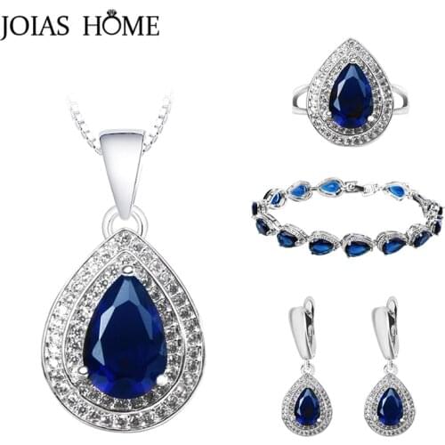 JoiasHome Silver 925 Jewelry Sets Water Drop Gemstones Sapphire Ring Earrings Necklace Bracelet Womens Wear Jewelry Sst Wedding