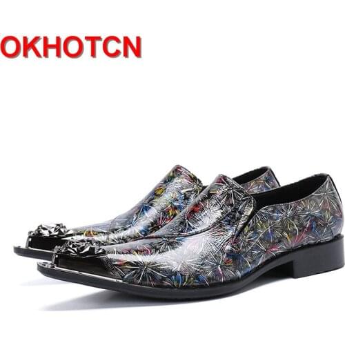 New 2019 Men Shoes Slip On Mens Genuine Leather Shoe Casual Party Dress Shoes Fireworks Floral Pattern Zapato Man Pointed Toe