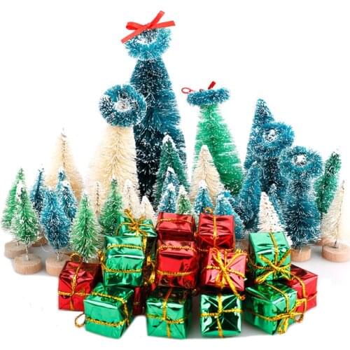 56Pcs Mini Multicolor Pine Trees Set Sisal Snow Frost Trees With Wood Base Bottle Color Gift Box Brush Trees Plastic Winter