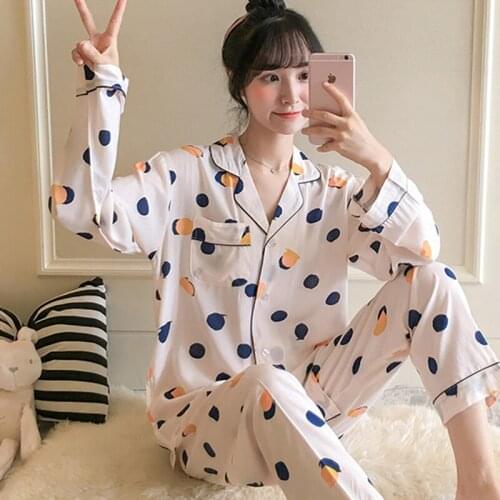 Long Sleeve Cotton Printed Pajamas For Women Summer Thin Home Clothes 2 Piece Set Sleepwear Plus Size Loose Female Homewear Suit
