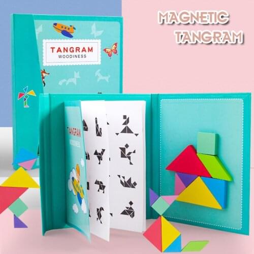 Magnetic Tangram Puzzle Book Portable Baby Montessori Toys Kids Intelligence Jigsaw Puzzle Wooden Educational Toys for Children