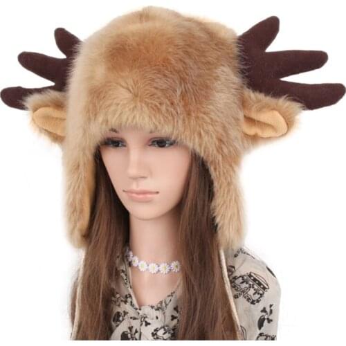 Winter Furry Plush Trapper Hat Cute Ox Horns Deer Antlers Fluffy Earflap Cap 649C