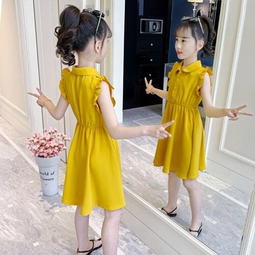 Girls chiffon dress summer dress new foreign gas children solid color lapel wooden ear edge of the big children princess dress