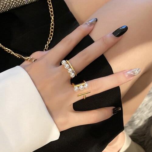 SRCOI New Trendy Geometric Imitation Pearl Ring Double Layer Elegant Rhinestone Opening Simple Vintage Women Jewelry 2021