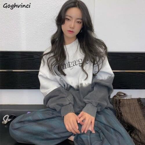 Hoodies Women Thick Crew Neck Pullovers Letters Long Sleeve Vintage Korean Style Baggy Leisure Unisex Students Loose Warm Tops