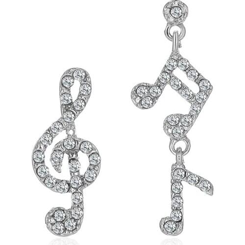 Korean Asymmetrical Beating Musical Note Studs Earrings for Women Female Full Rhinestone Ear Stud Silver Color Earings Jewelry