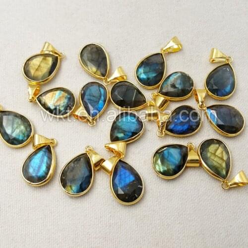 WT-P997 Wholesale High quality sparkly teardrop shape labradorite pendant, 24k gold bezel stone teardrop pendant