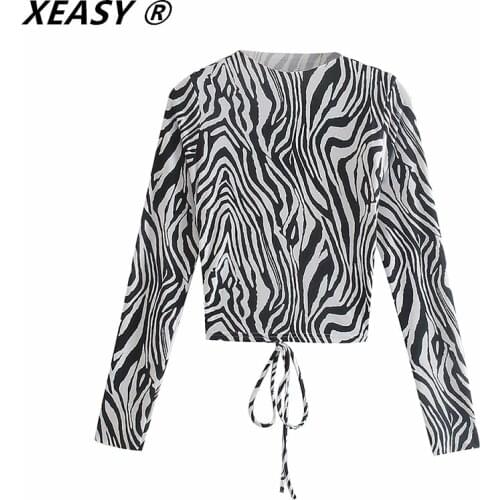 XEASY Women Sexy Zebra Print Open Back T-Shirt Long Sleeve Top Cropped Crop Backless Casual Lace -Up Tops