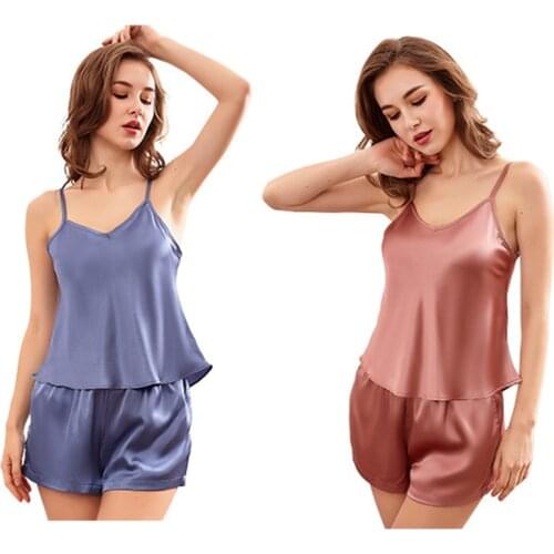 Ladies High-End Imitation Silk Sexy Suspender Nightdress Shorts Ladies Pajamas Suit Ice Silk Soft Home Service