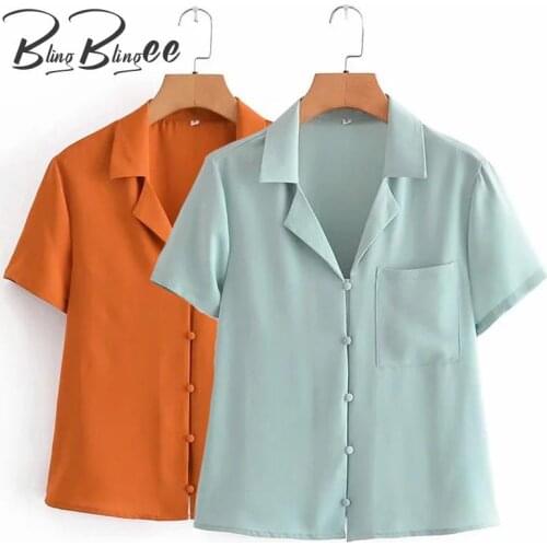 BlingBlingee Orange Green Summer Chiffon Shirt Fashion Notched Collar Short Sleeve Buttons Women Casual Loose Shirt Female