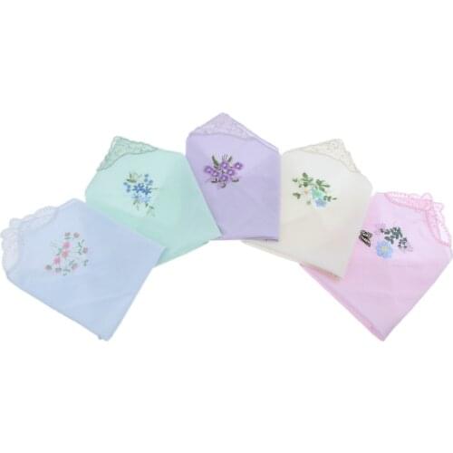 Womens 5 Pack Cotton Thin Floral Embroidered Handkerchief Hanky Hankies