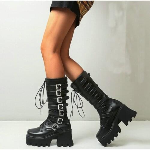Punk Style Female Martin Boots PU Fashion Thick Soled Profiled Heel Ladies Motorcycle Boots with Belt Buckle Design Winter Boots