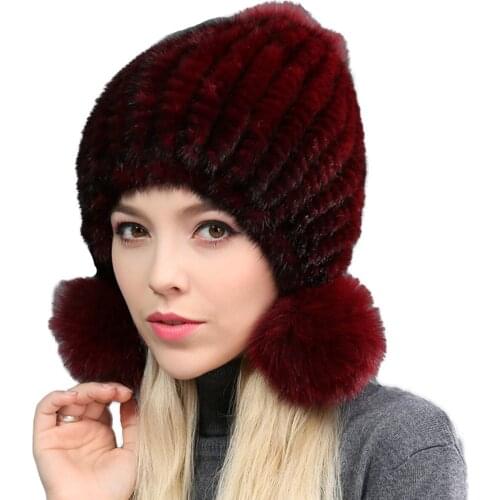 Women Real Mink Fur Hats With Fox Fur Pom Pom Winter Warm Beanies Cap Hand-Woven Fluffy