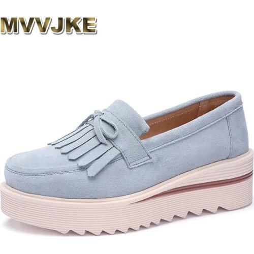 MVVJKE Autumn Women Flat Platform Shoes Suede Leather Tassel Slip on Loafers Flat Shoes Woman Moccains Casual Creepers Shoes