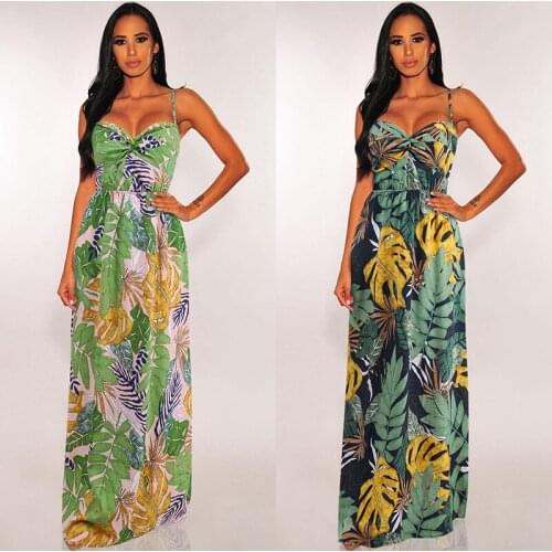 Green Leaves Printed Women 2021 Summer Long Dress Spaghetti Strap Sleeveless Holiday Bodycon Dress Nightclub Party Outfits