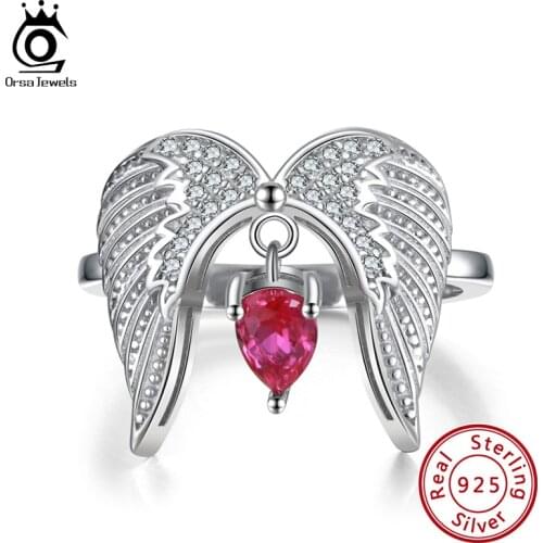 ORSA JEWELS 925 Sterling Silver Angels Wings Ring with Big Shiny CZ Stone Rings for Women Fashion Finger Rings Jewelry SR266