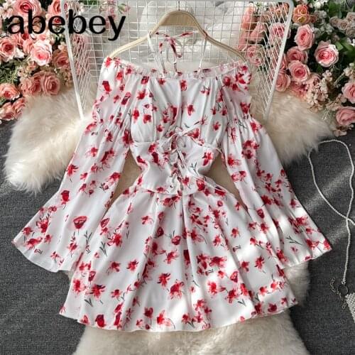 2021 New Summer Sweet slash neck flared sleeve off shoulder Shirt Halter lace up bandage waist print short Dress