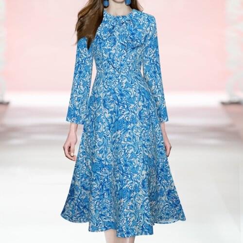 Luxury Flower Print Ankle-Length Women Dress Long-Sleeve O-Neck Pleated Dresses 3283