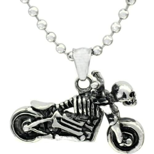 316L Stainless Steel Motorcycle Skull Necklace Pendant Punk Jewelry Free Chain BG-010