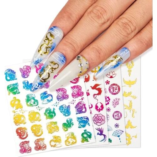 3D Nail Stickers red gold Chinese style Dragons Phoenix New Year celebration Design Adhesive Stickers Nail Art Decoration