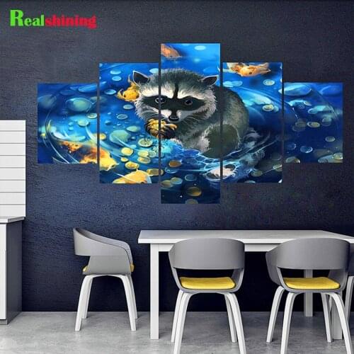Fish Raccoon 5 Piece diamond painting cross stitch Full Square Round diamond embroidery Mosaic Set Animal Home Art,N2312