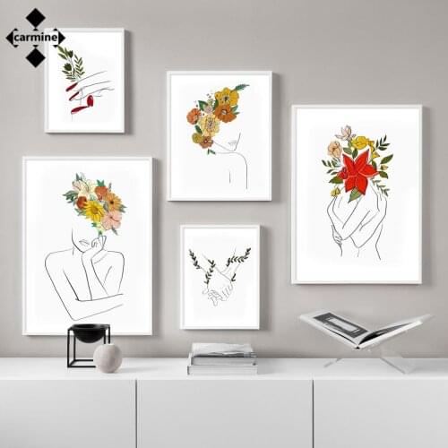 Flower Woman Abstract Line Canvas Picture Lips Embrace Nordic Wall Art Canvas Painting Modern Wall Picture for Living Room Decor