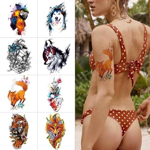 Watercolor temporary tattoo stickers Wolf tiger fox parrot Waterproof fake tattoos Flower angel wings arm Body sticker tattoo