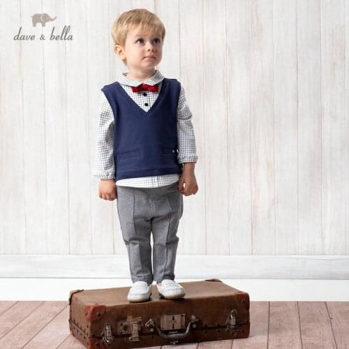 DB17688 dave bella spring baby boys casual removable bow clothing sets kids fashion long sleeve sets children 2 pcs suit