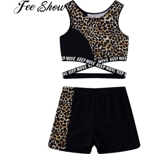Kids Girls Sports Suit Leopard Outfits Tracksuits 2Pcs Crop Vest and Shorts Set Sportswear for Fitness Running Dance Gym Workout