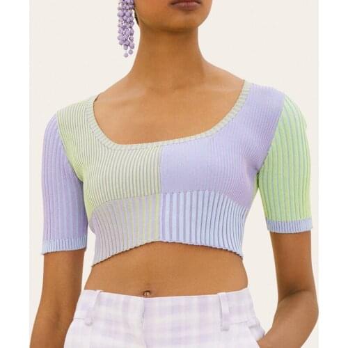 Summer womens fashion brand same square neck color matching knitted T-shirt short navel length slim fit Short Sleeve T womens