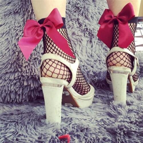 JETTING Fashion Women Ruffle Large Fishnet Ankle High Socks Bow Tie Mesh Lace Fish Net Short Socks