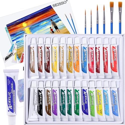 Acrylic Paint Set 24 Color Pigment with 6 Art Brushes Non-Toxic Rich Pigment Colors for Painting Canvas, Crafts, Ceramic