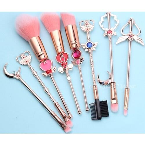 Sailor Moon Cosplay Cosmetic Makeup Brushes Set 8pcs Tools Kit Eye Liner Shader Foundation Powder Natural-Synthetic Pink Hair