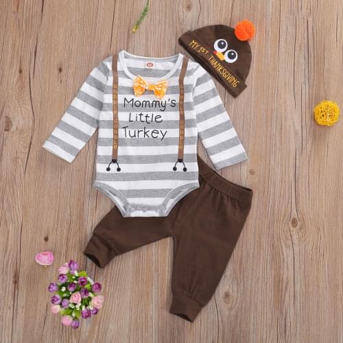 Newborn Baby Girls Boys Thanksgiving Outfits Long Sleeve Romper Top Stripe Turkey Pants Clothes Set