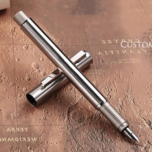 HongDian 516S Stainless Steel Metal Silver Fountain Pen Fine Nib 0.4mm Excellent Writing Gift Ink Pen for Business Office School