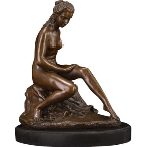 DS-453 European Bronze Nude Lady Statue Sculpture Sexy Bath Sitting Girl Figurines On Marble Base For Livingroom Decoration