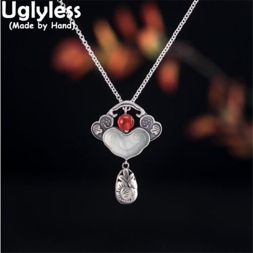 Uglyless RUYI China Chic Natural Jade Necklaces for Women Thai Silver Flowers Tassel Pendants 925 Silver Agate Jewelry + Chains
