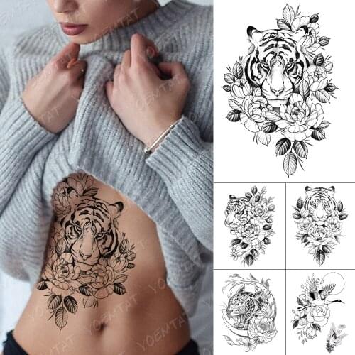 Waterproof Temporary Tattoo Sticker Line Tiger Flowers Flash Tattoos Leopard Bird Moon Body Art Arm Fake Tatoo Women Men