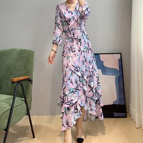 Bright Spring/Autumn V-Neck Fresh Print Slim Ruffle Full Sleeve Elegant Dress New UK8-UK16