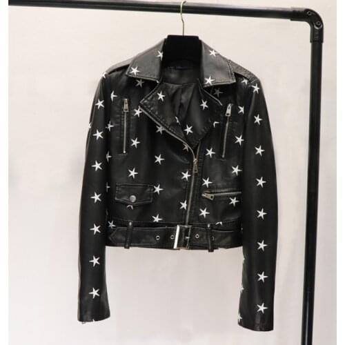 Autumn 2021 Chic Star Embroidery Slim Washed PU Leather Jacket Women Casual Street Fashion Female Leather Motorcycle Outerwear