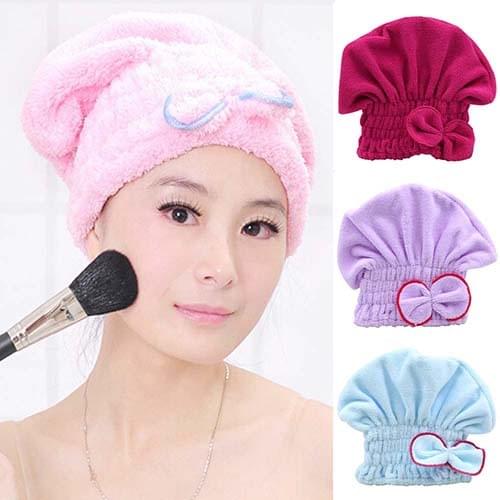 Womens Hair Drying Hat Spa Towel Turban Cap Cute Bowknot Soft Coral Velvet Micro-fiber 7JUM