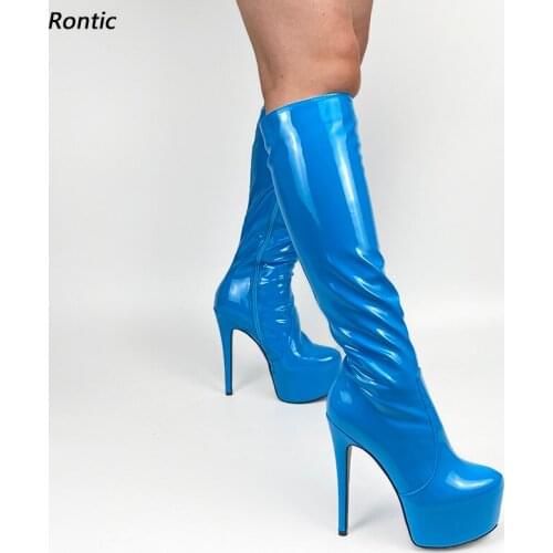 Rontic Women Winter Knee Boots Patent Leather Unisex Stiletto Heel Round Toe Fantastic Pink Fuchsia Party Shoes US Size 5-20