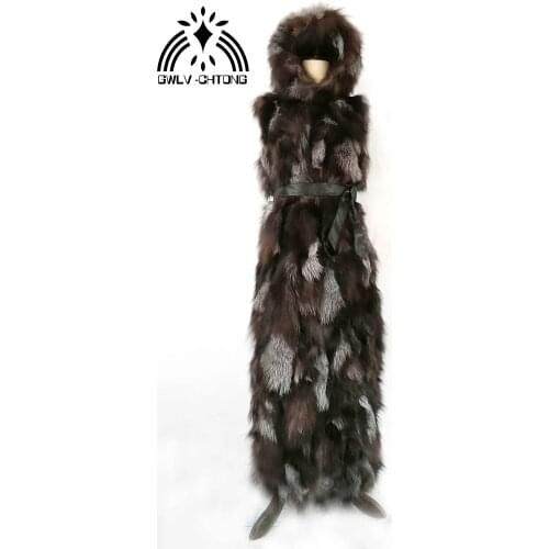 Real natural genuine fox fur X-long vest with hood women fashion sliver fox fur gilet jackets ladies overcoat custom any size