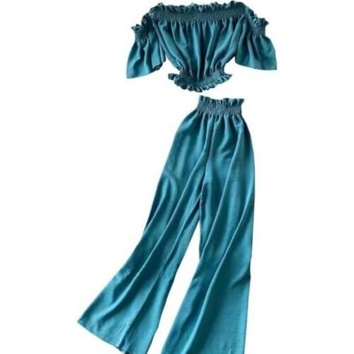 Summer 2 Pcs Set Women Green/Black/Red Two Piece Set Women Sexy Slash Neck Short Tops + High Waist Wide Leg Pants Female Suit