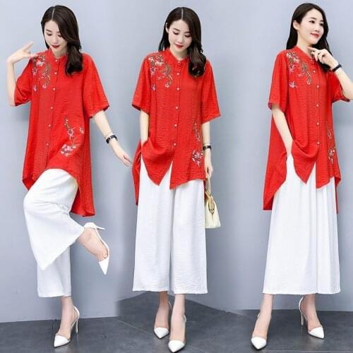 Chinese Style Summer Clothes For Women 2020 Embroider Top Wide Leg Pants Vintage 2 Piece Set Summer Tai Chi Clothing Women 11805