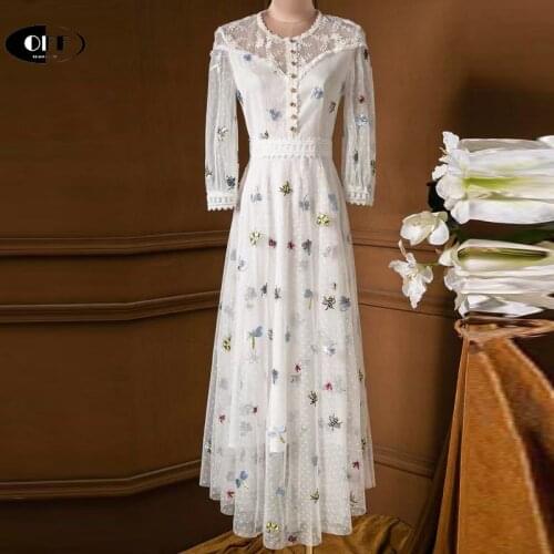 Designer Party Evening Midi-long White Dresses Woman Clothing Vintage Embroidery Elegant Mesh Lace Up Chic Dress Women Vestidos